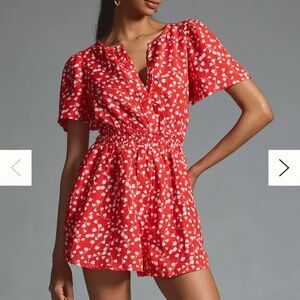 Anthropologie Somerset Romper Red Floral Linen Viscose Blend Sz XXS Flowy Boho